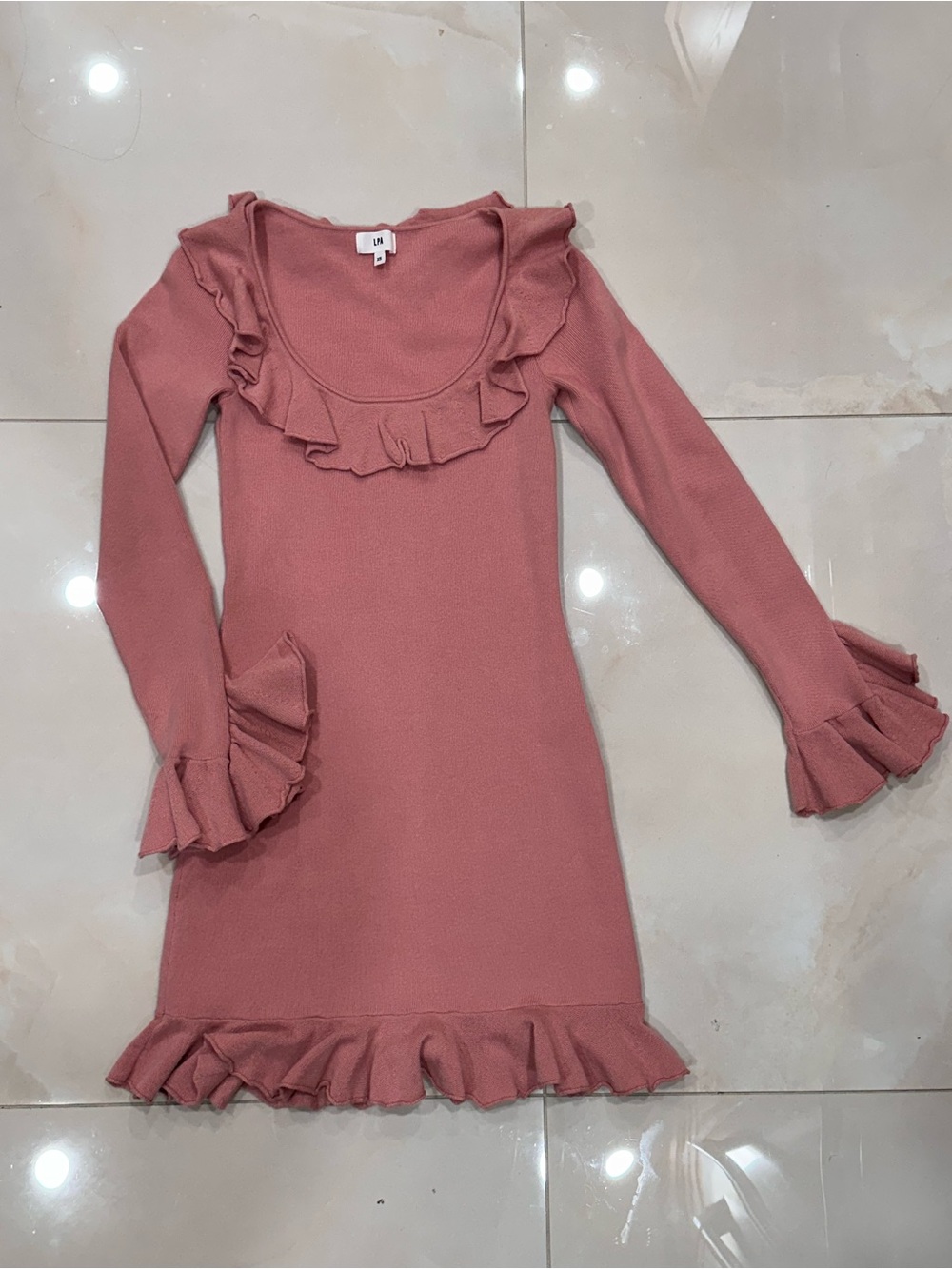 Ruffled Scoop Neck Knit Dress in Dusty Rose
